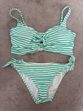 Shade & Shore Mint Green and White Striped Bikini